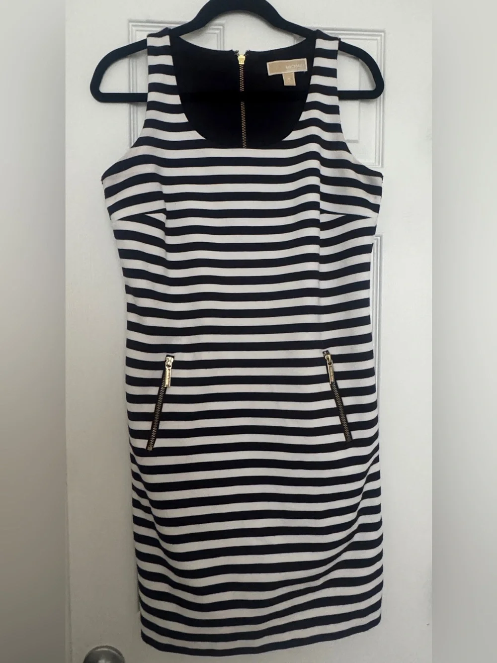 Michael Kors Navy & White Striped Midi Sheath Dress